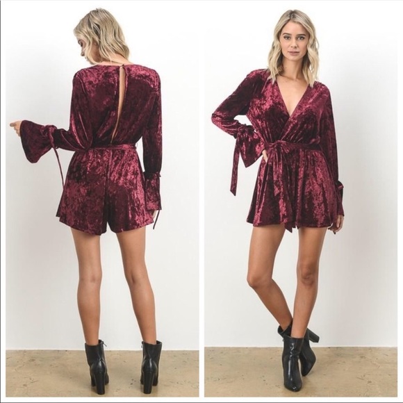 LAST ONE-Burgundy Crushed Velvet Romper - Picture 2 of 4